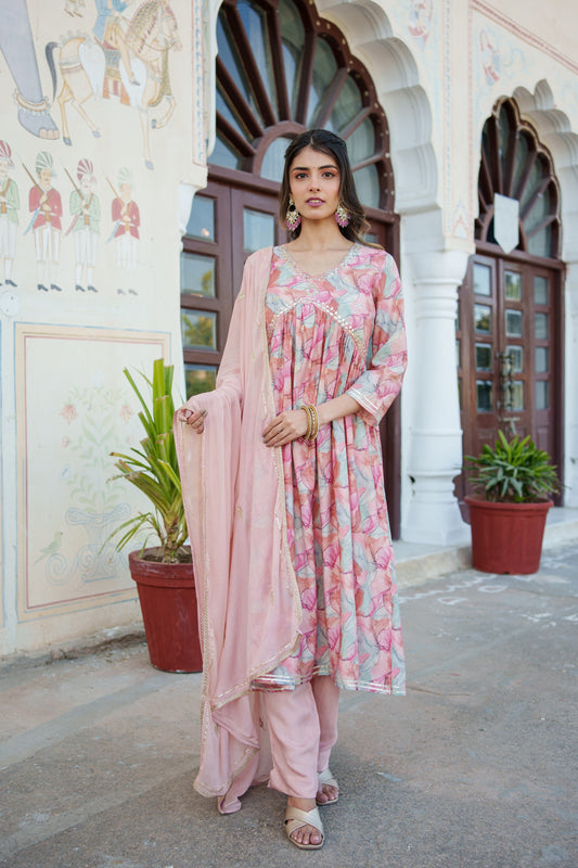 Women  Peach  Muslin kurta with  handwork embroidery, solid bottom & Dupatta Set