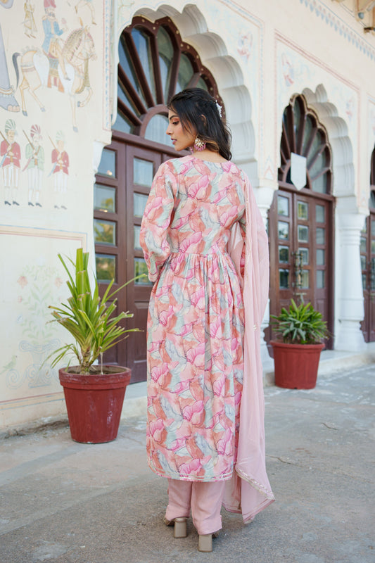 Women  Peach  Muslin kurta with  handwork embroidery, solid bottom & Dupatta Set