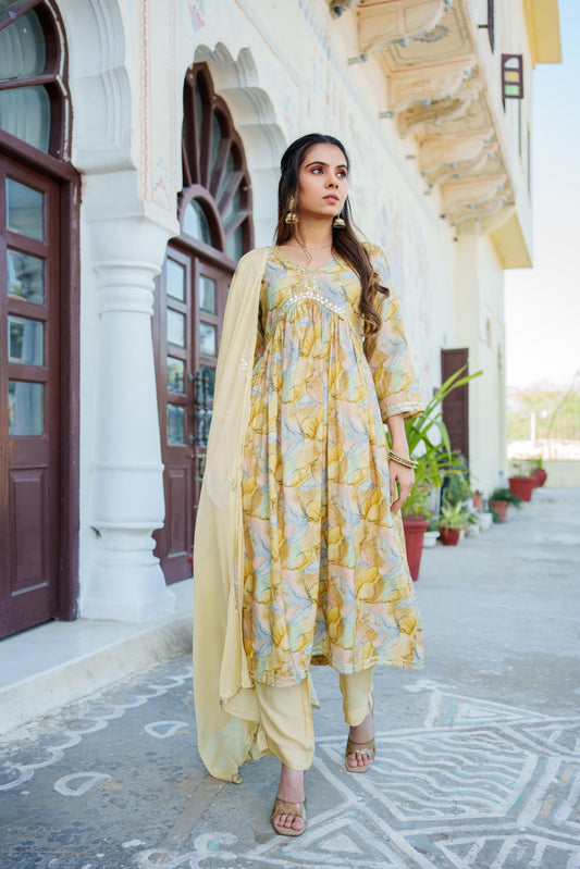 Women Yellow Muslin kurta with  handwork embroidery, solid bottom & Dupatta Set