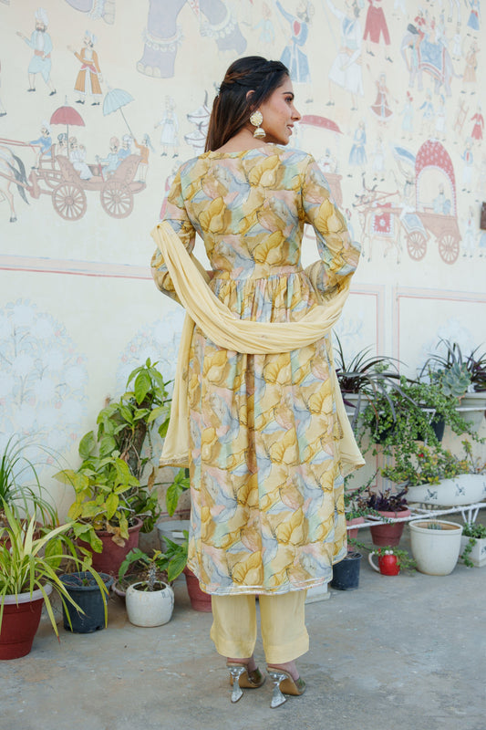 Women Yellow Muslin kurta with  handwork embroidery, solid bottom & Dupatta Set