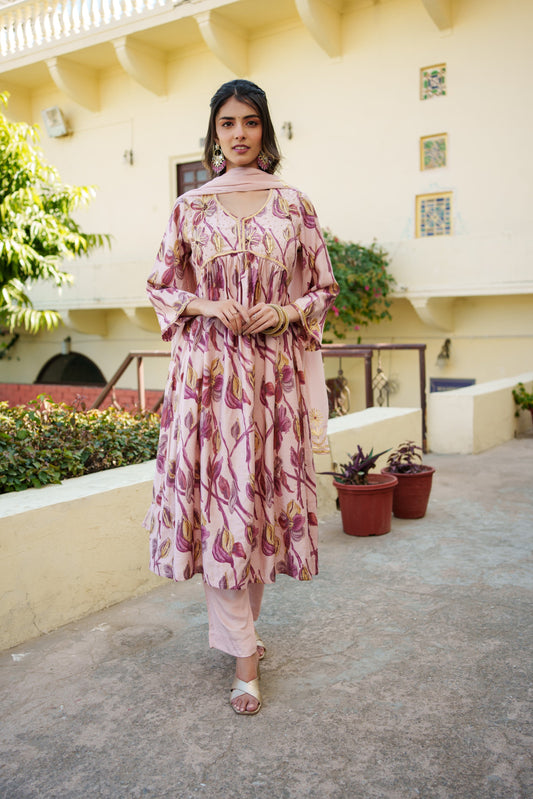 Women Nude Pink Muslin kurta with gota lace embroidery , solid bottom & Dupatta Set
