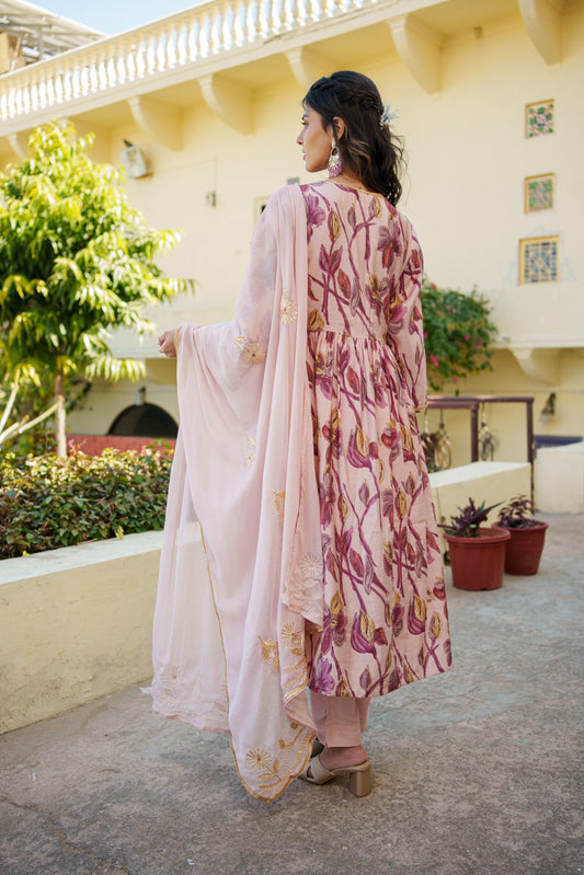 Women Nude Pink Muslin kurta with gota lace embroidery , solid bottom & Dupatta Set