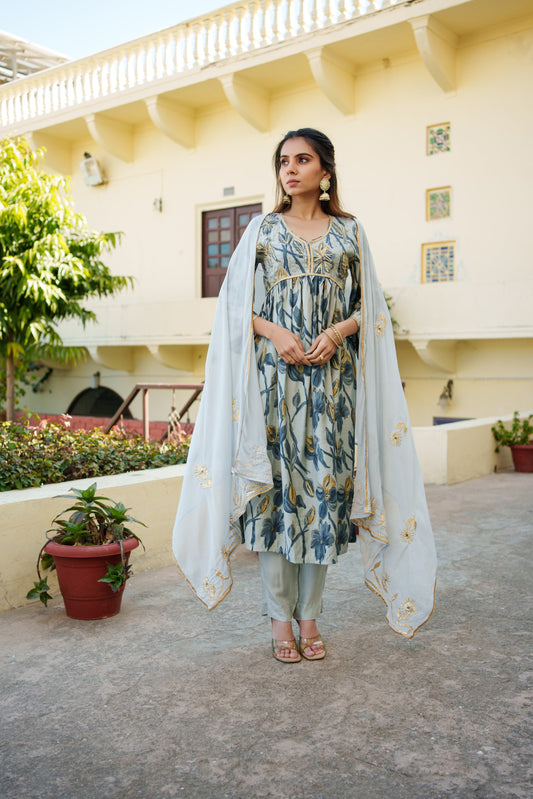 Women  Sky Blue  Muslin kurta with gota lace embroidery , solid bottom & Dupatta Set