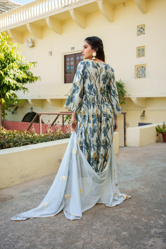 Women  Sky Blue  Muslin kurta with gota lace embroidery , solid bottom & Dupatta Set