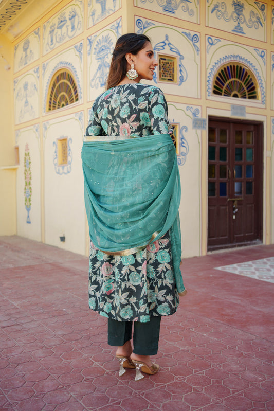 Women Muslin kurta with bead work embroidery , solid bottom & Dupatta Set