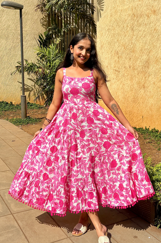 white & Pink Floral Shoulder Strip Long Dress
