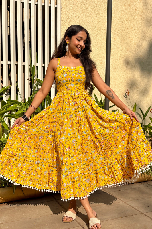 Yellow Floral Shoulder Strip Long Dress