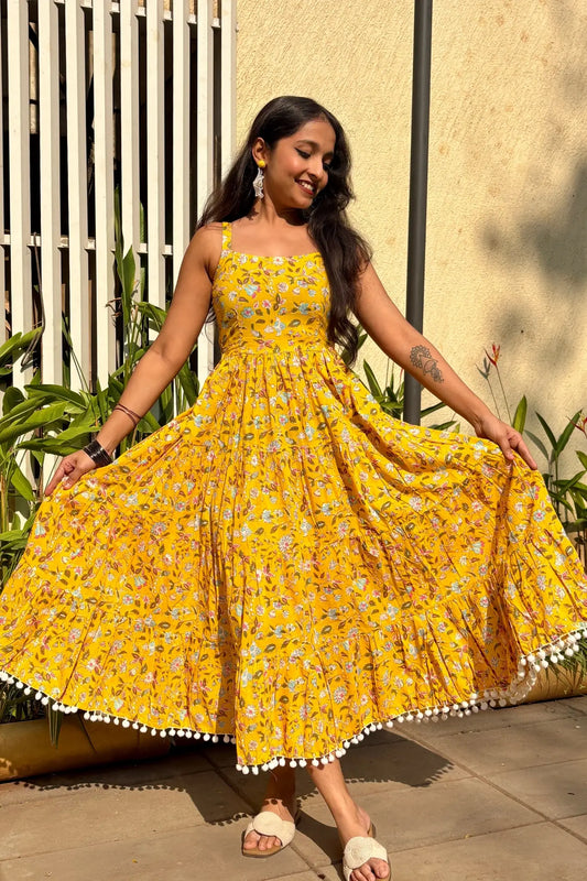 Yellow Floral Shoulder Strip Long Dress