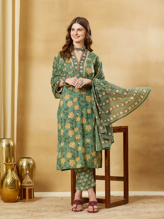 Green A-Line Cotton Kurta Pant Set With Dupatta