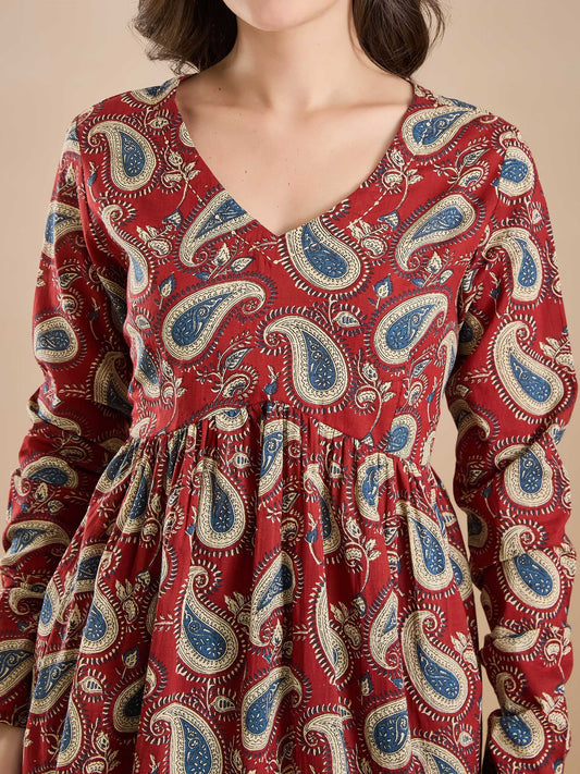 Floral Print Pure Cotton Peplum Fit Maroon Top