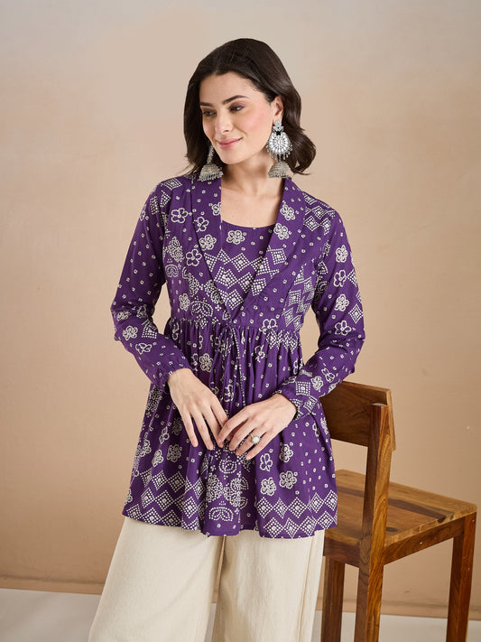 Purple Bandhani Print Cotton Peplum Fit Top