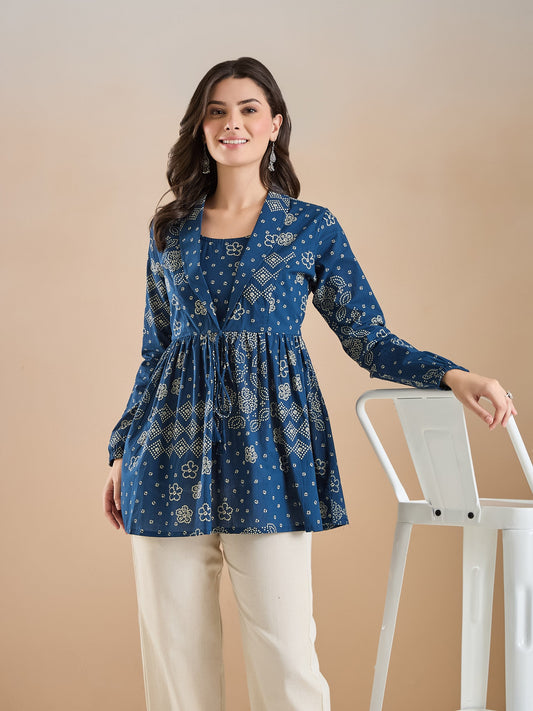 Blue Bandhani Print Cotton Peplum Fit Top