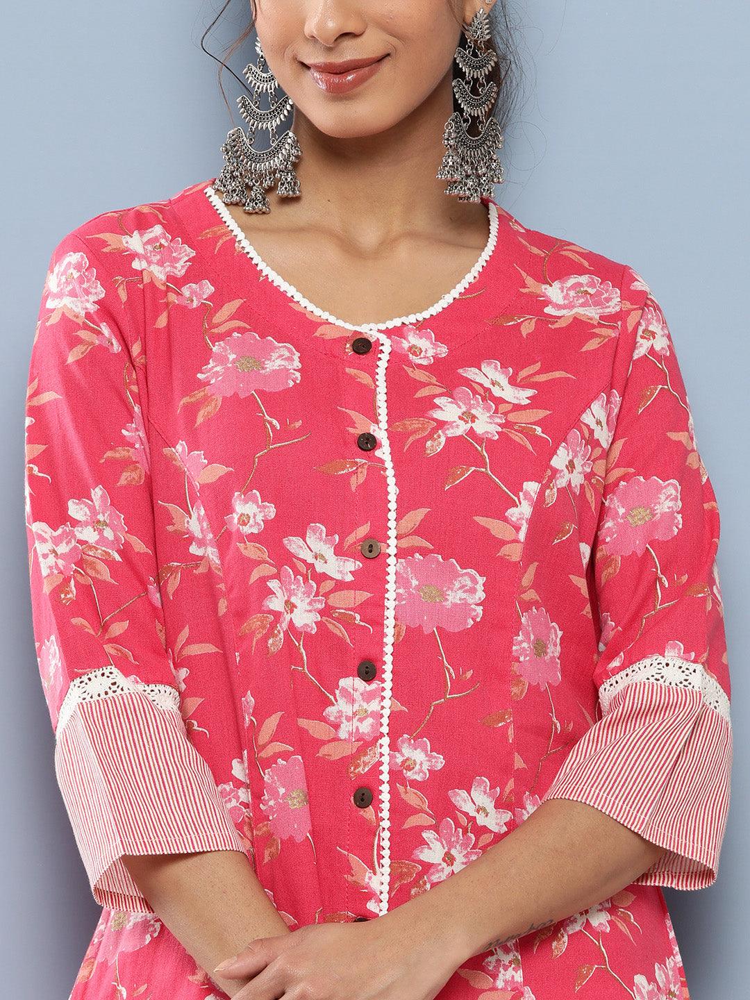 Pink Floral cotton flex A-Line Kurta - world