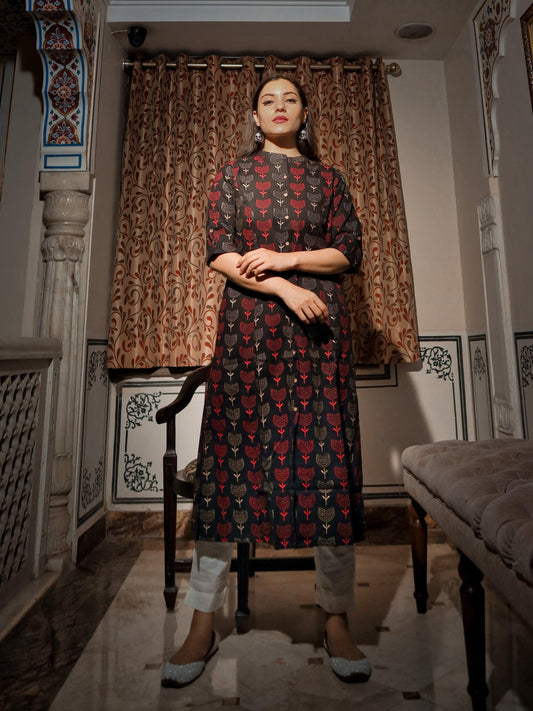 Black Cotton Flex A Line Kurta - world.com