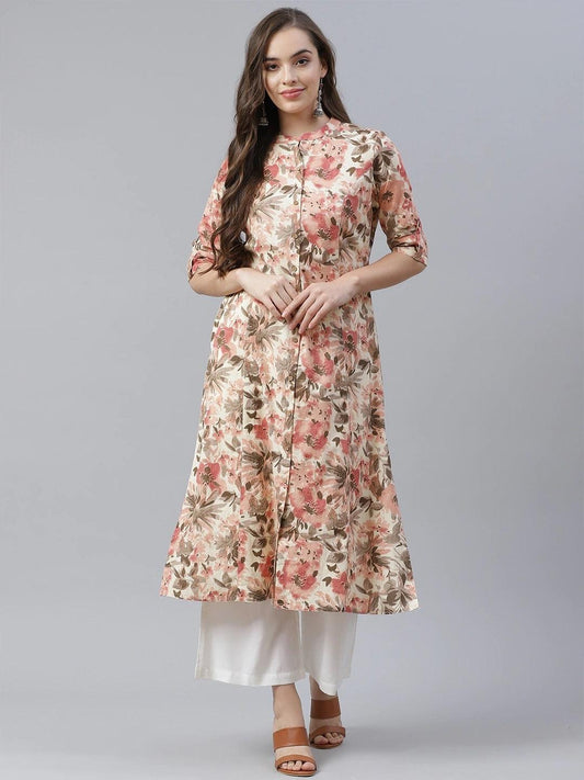 Cream Cotton Floral Print Kurta - world