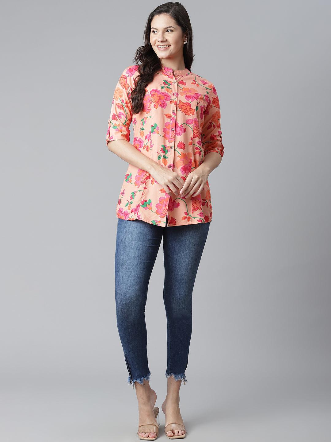 Rayon Peach Floral Print Shirt Style A-Line Top - world