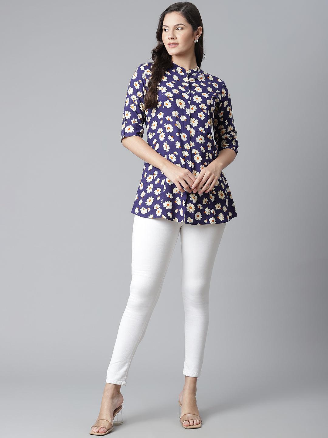 Rayon Dark Blue Floral Top - world