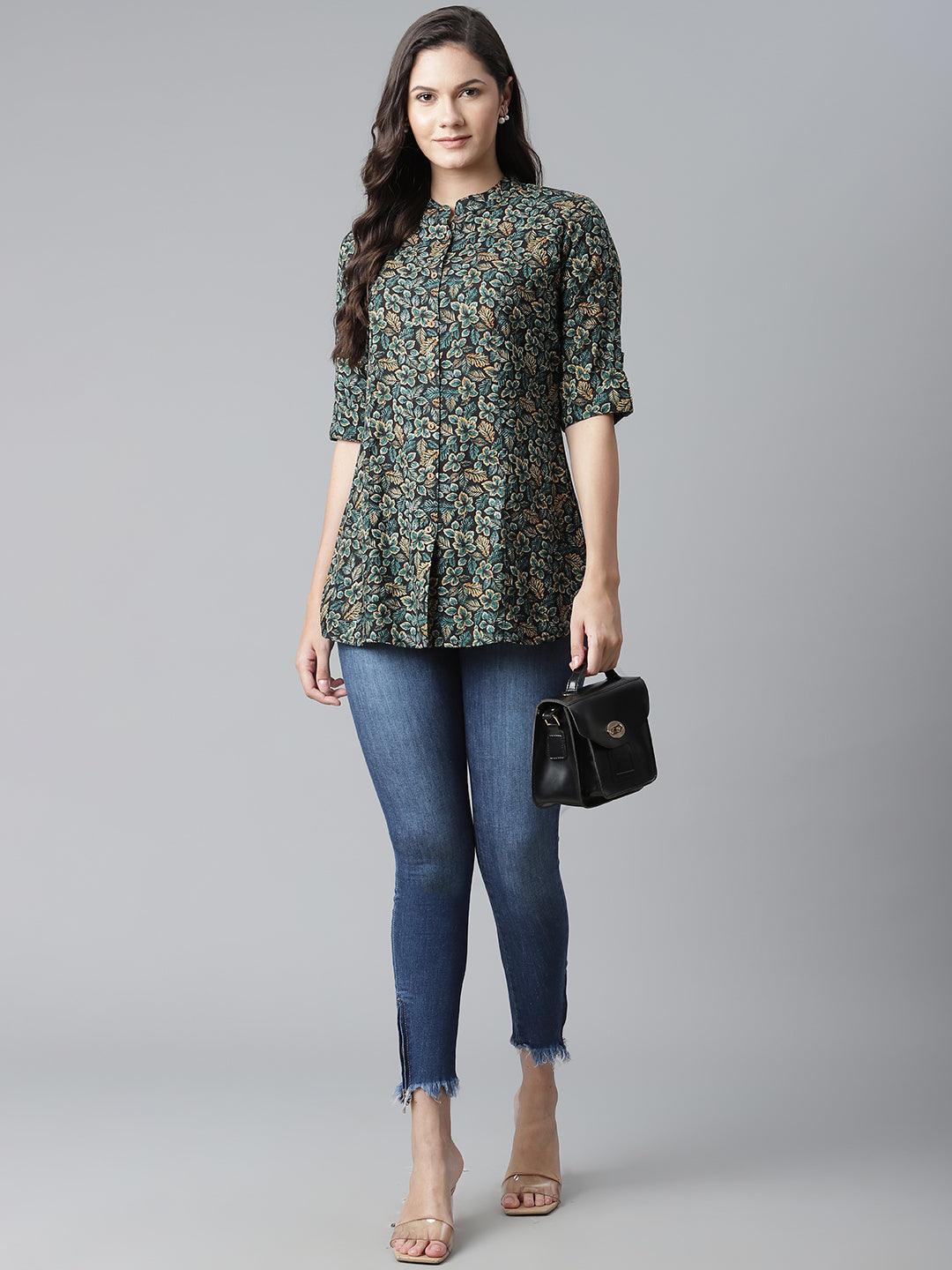 Navy Blue Green Rayon Printed Top - world