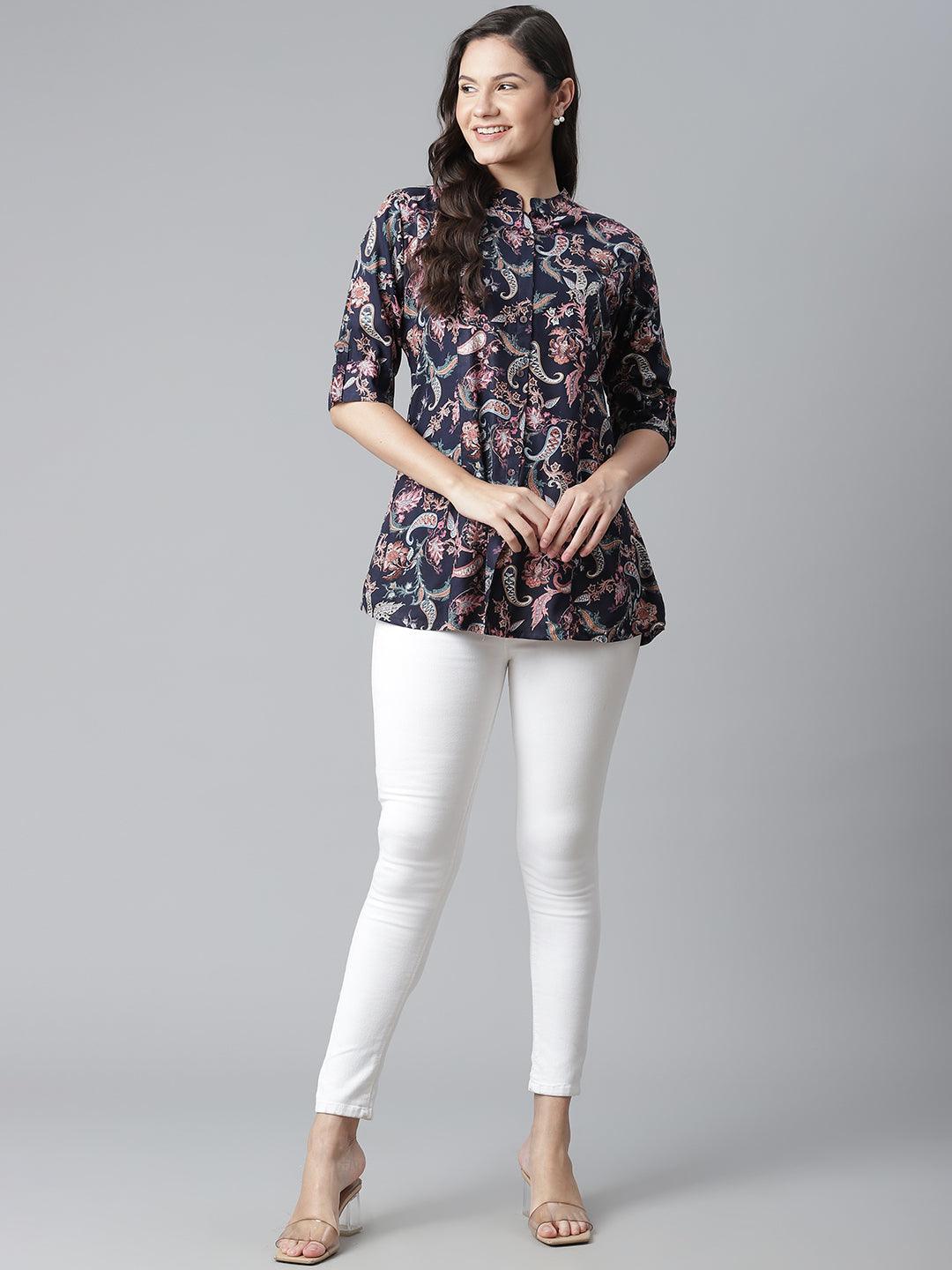 Blue Printed Rayon Shirt Style A-Line Top - world