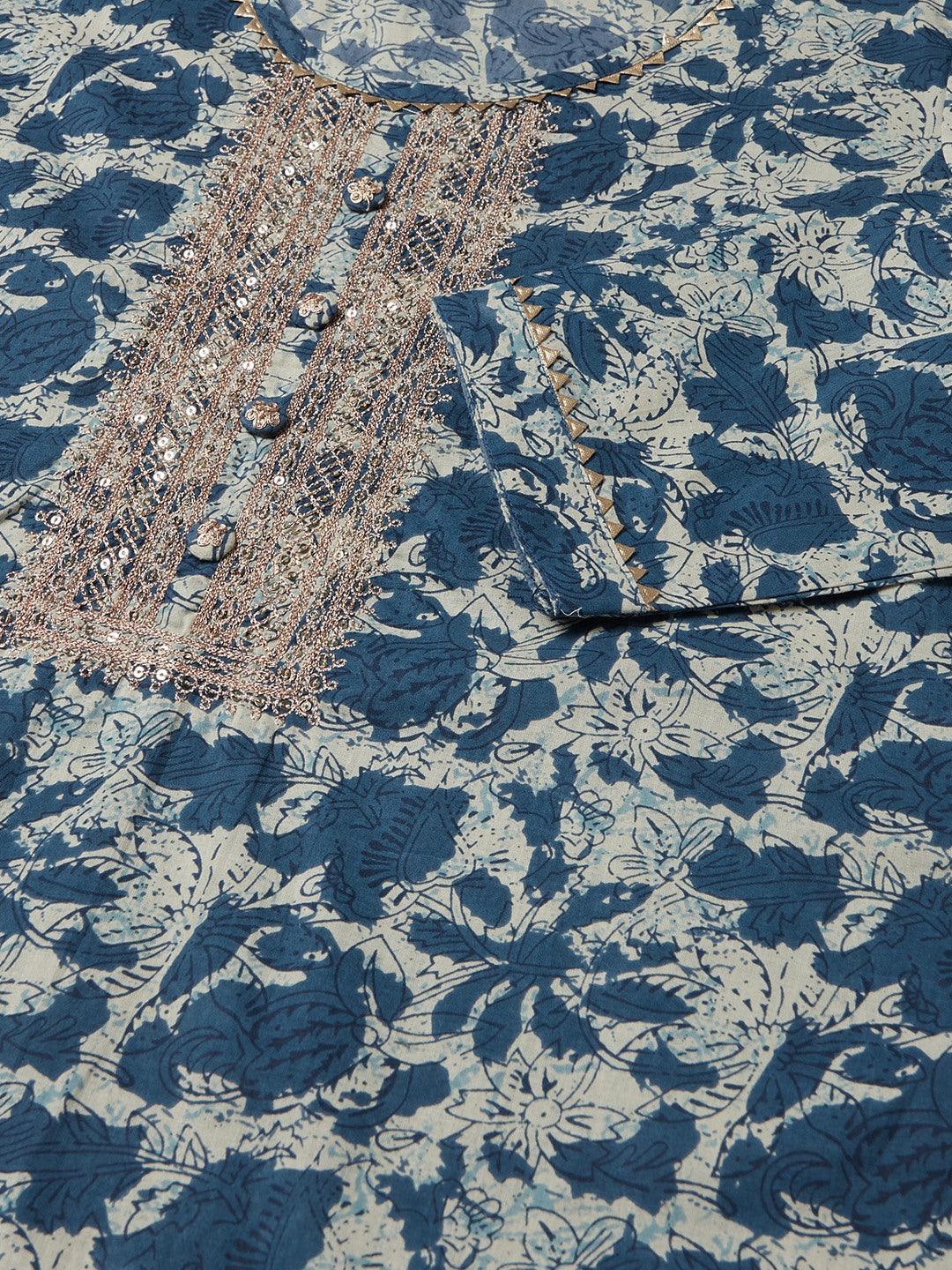 Blue Floral Cotton Straight Kurta - world