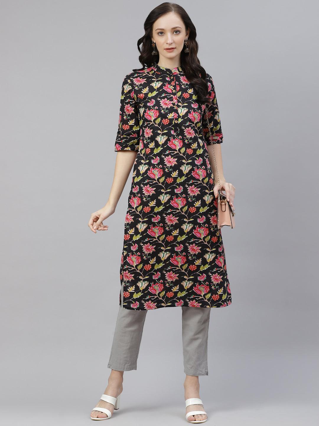 Black Floral Cotton Straight Kurti - world