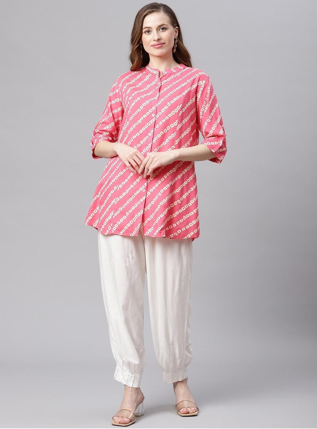 Pink Bandhani Rayon A-line Shirt Style Top - world
