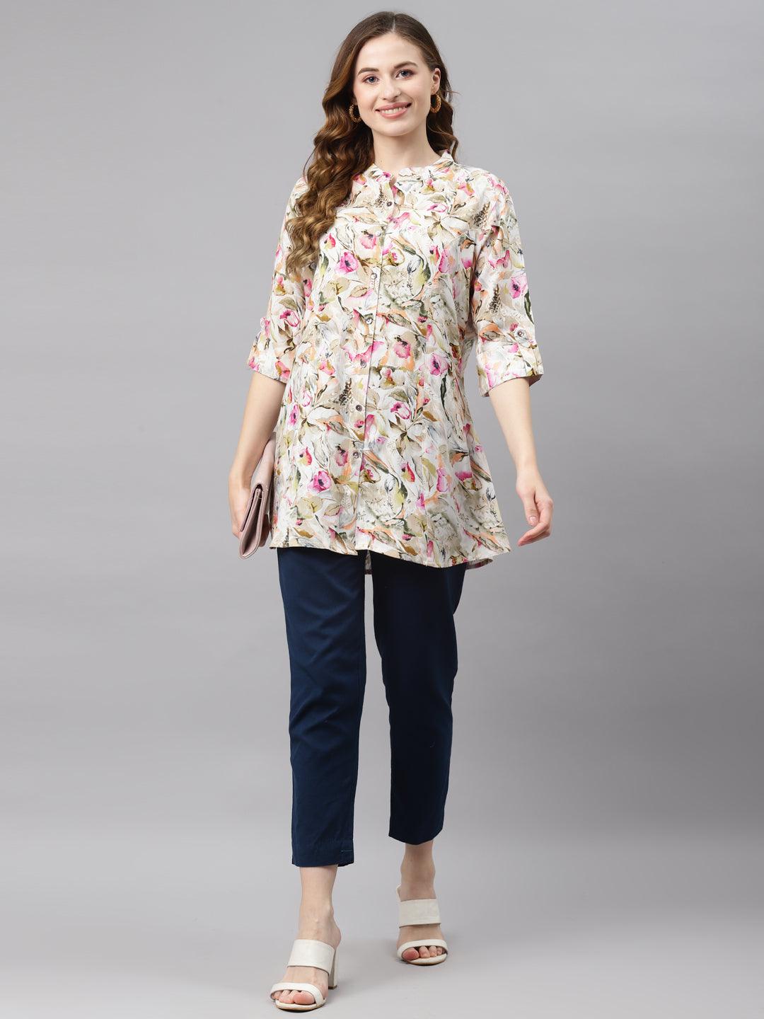 Multi Floral Rayon Shirt Style A-Line Top - world
