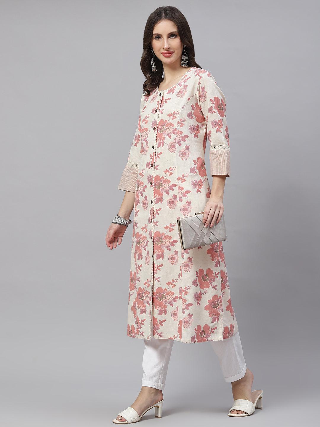 Cream Floral cotton flex A-Line Kurta - world