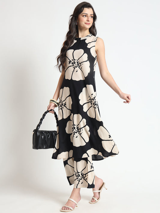 Black Floral Print Rayon Sleeveless Co-ord Set
