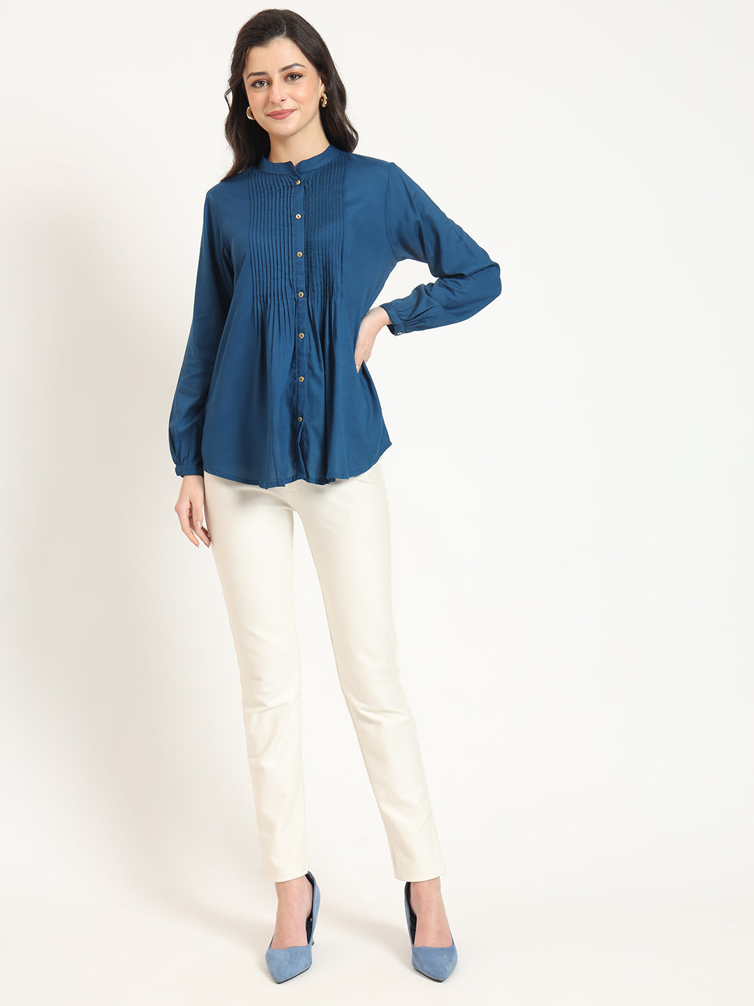 Blue Solid Print Rayon Fabric Straight Top