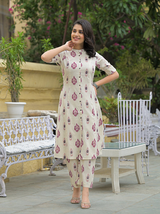 Off White Cotton Printed Kurta Pant Set