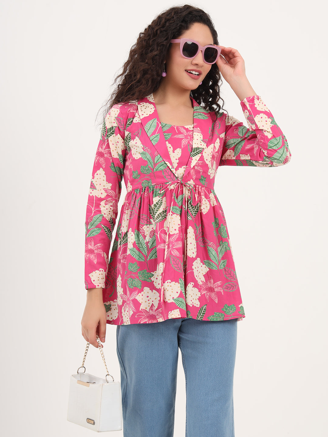 Green Floral Printed Cotton Lepal Neck Peplum Top