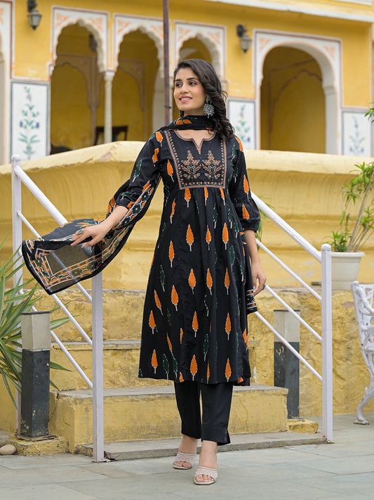 Black Cotton Embroidery Kurta Pant Set with Dupatta
