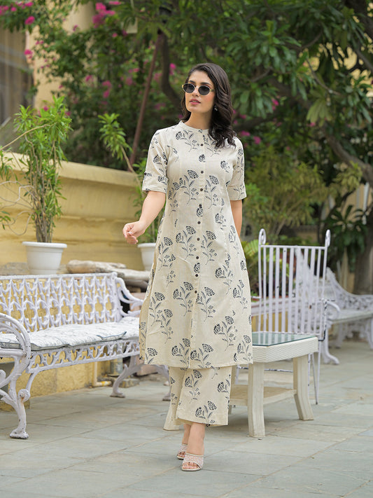 Cream Cotton Floral Printed Kurta Pant Sets