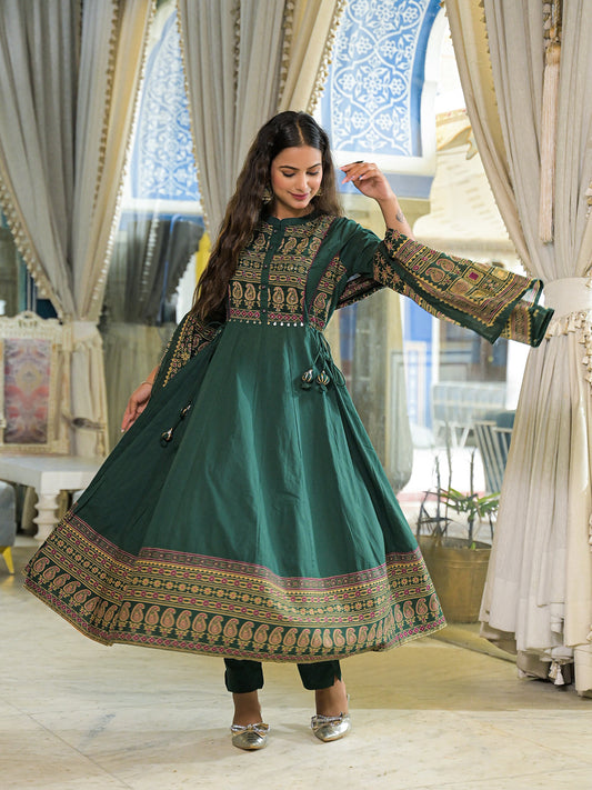 Green Paisley Print Cotton Anarkali Kurta Pant Set With Dupatta
