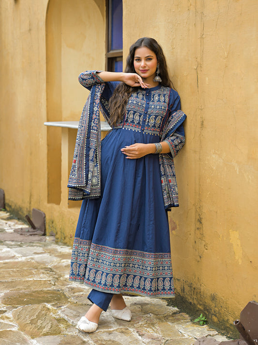 Blue Paisley Print Cotton Anarkali Kurta Pant Set With Dupatta