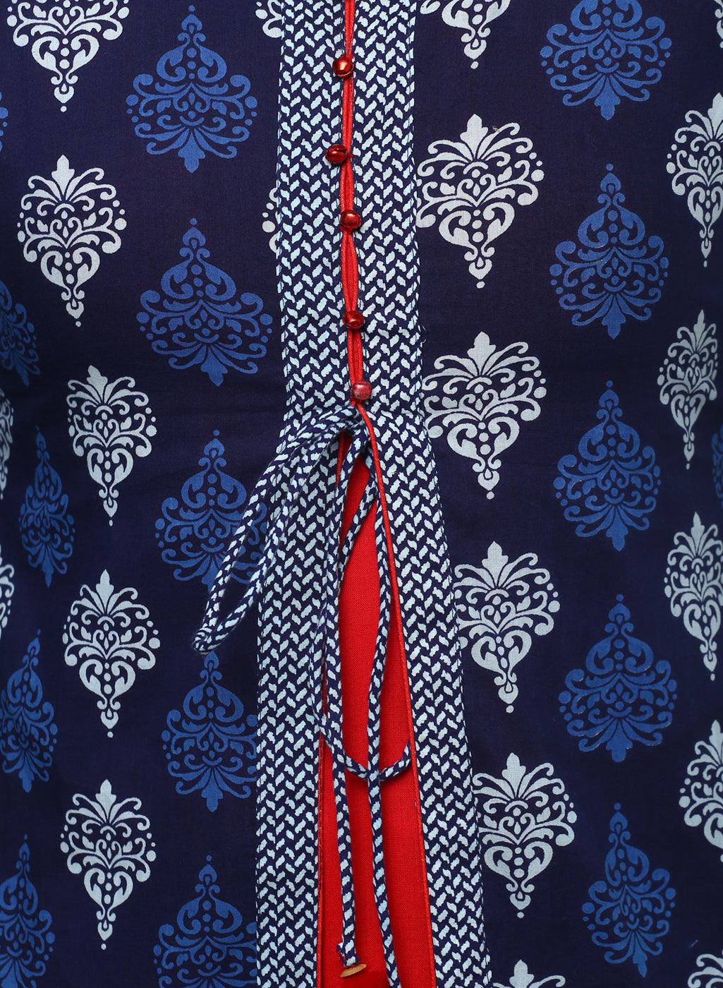 Blue Cotton & Rayon A-line Kurti - world