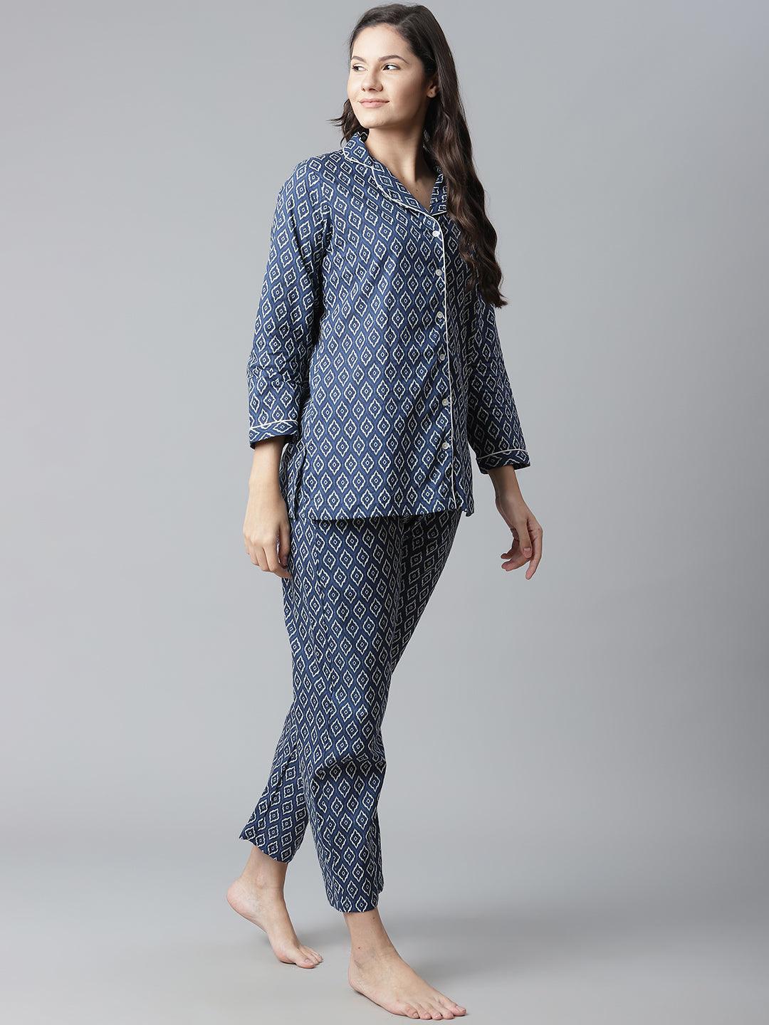 Indigo Printed Cotton Nightsuit - world