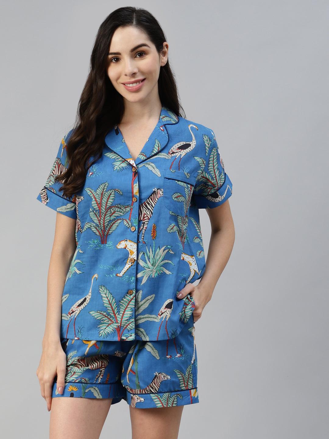 Teal blue Cotton Animal Print Night suit - world