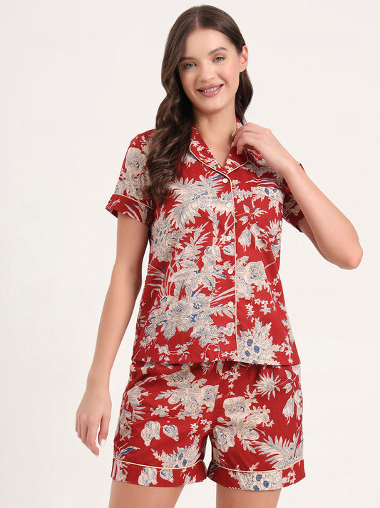 Red Cotton Shirt and Shorts Night Suits