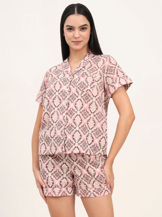 Pink Cotton Floral Printed Shirts With Shorts Night Suits