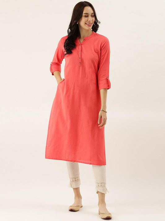 Peach Solid Straight Roll up Sleeve Kurti - world
