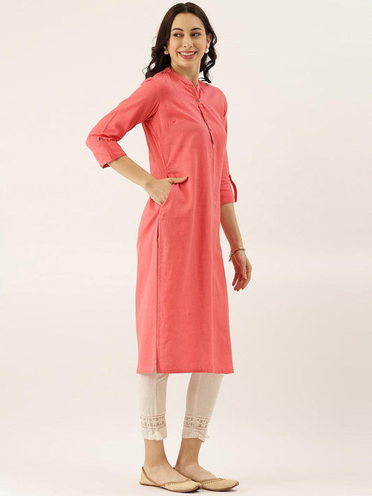 Peach Solid Straight Roll up Sleeve Kurti - world