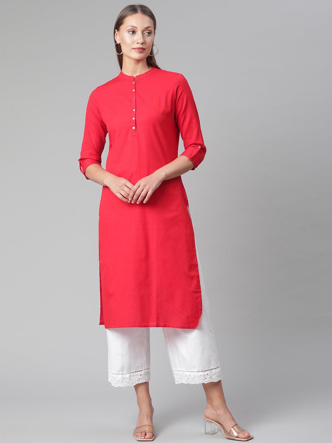 Red Cotton Straight Kurti - world