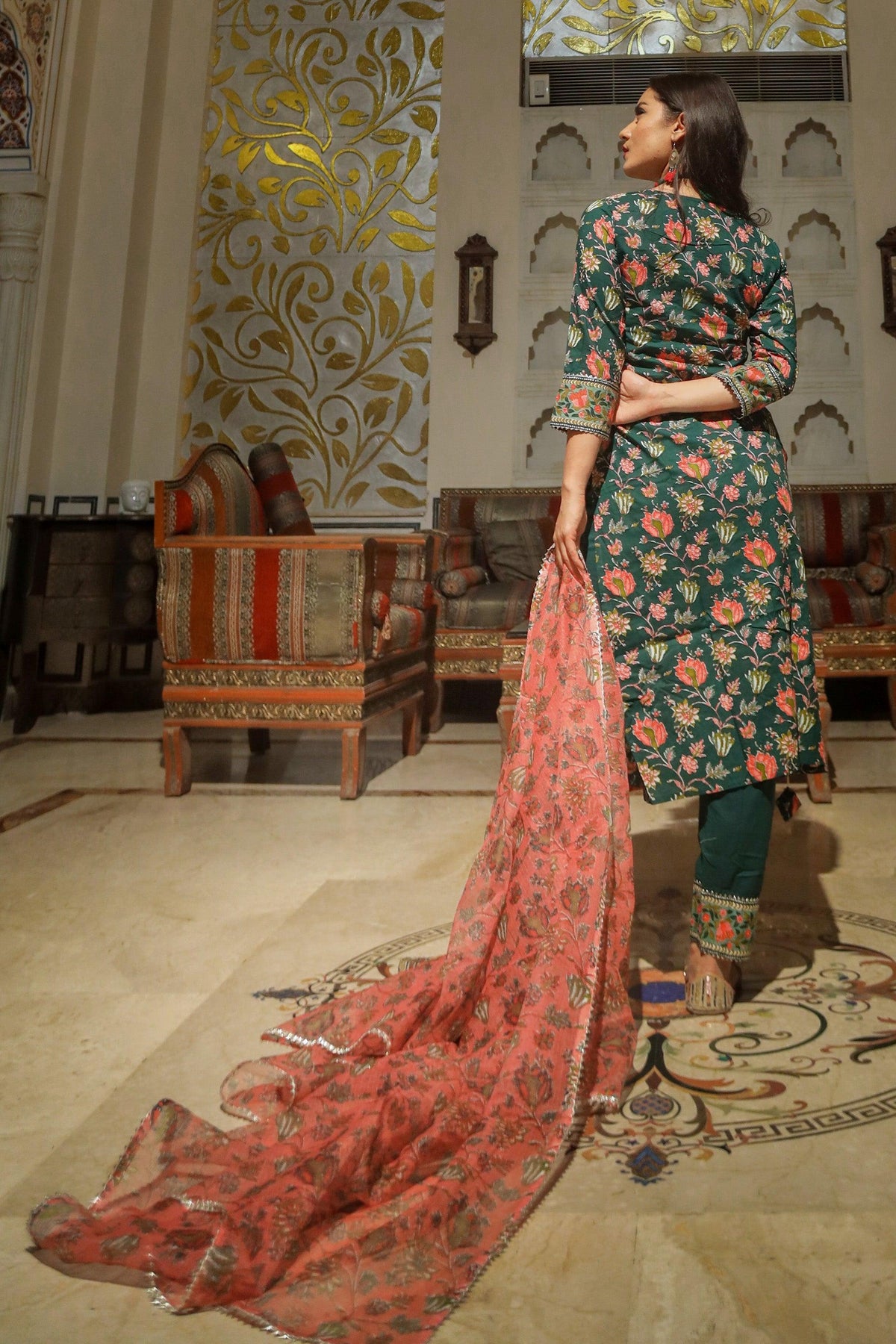 Green Floral Printed Kurta Pant Set with Dupatta - world.com