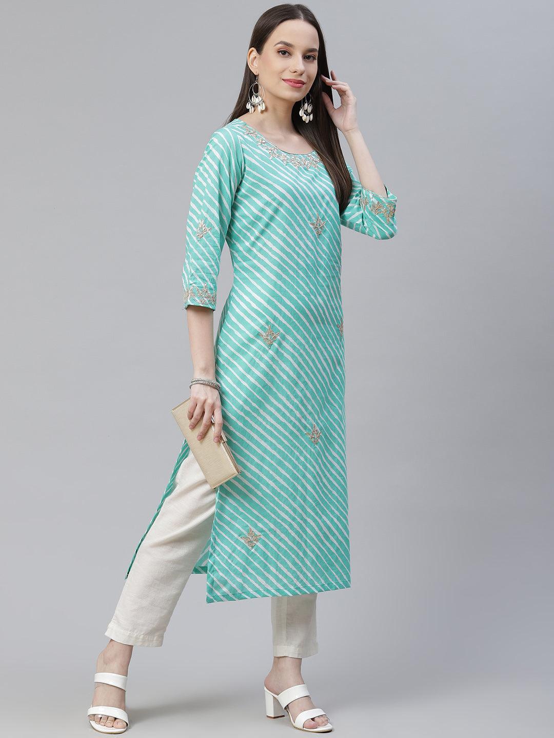 Green Leheriya Cotton Gota Patti Straight Kurta - world