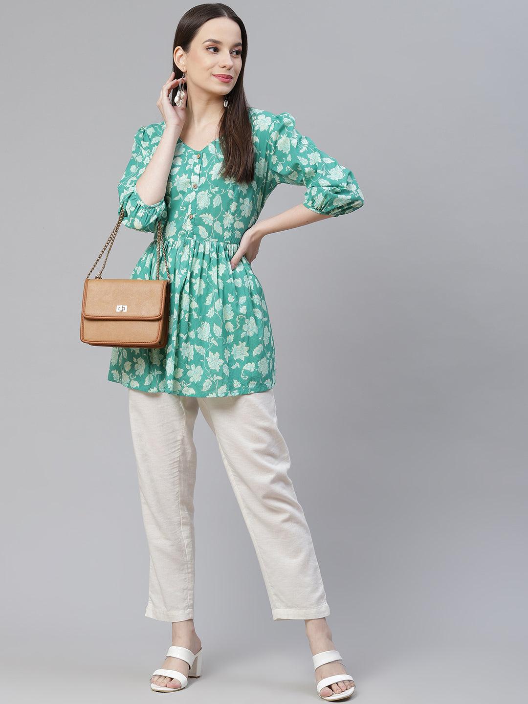 Sea green Floral Printed Peplum Cotton top - world