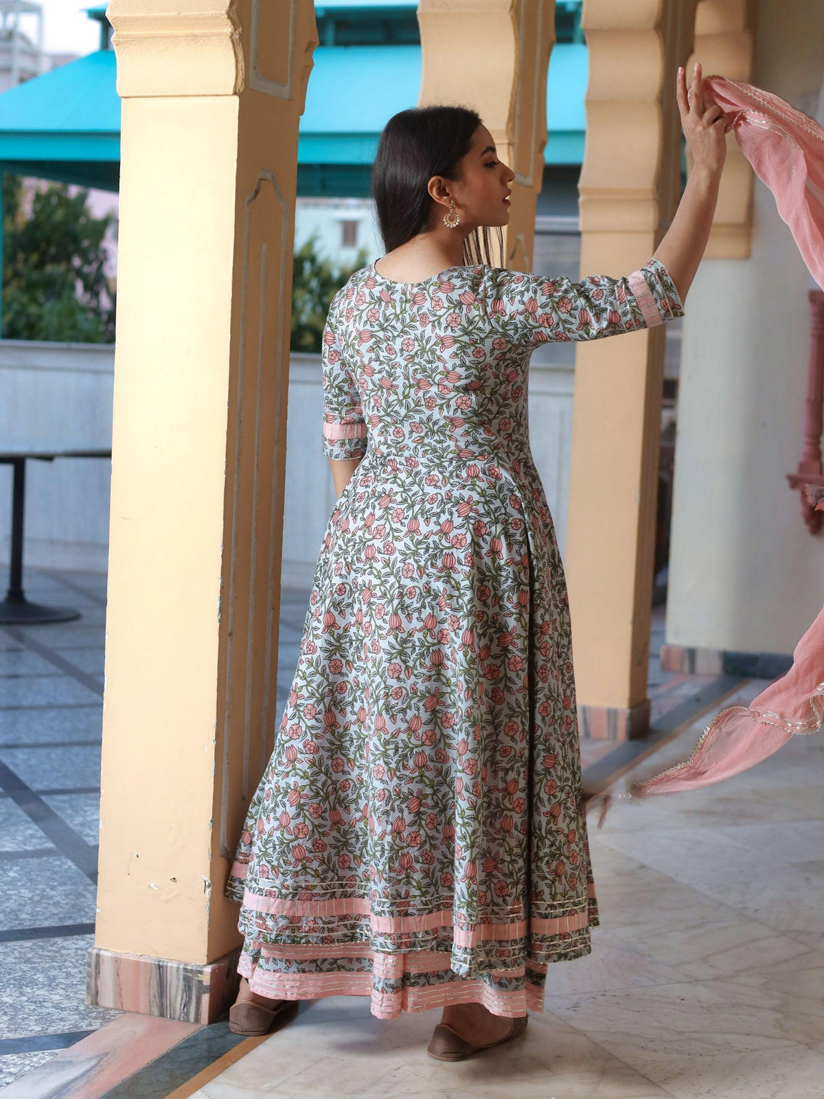 Pastel Blue Floral Anarkali Cotton Kurta Palazzo set with Dupatta - world.com