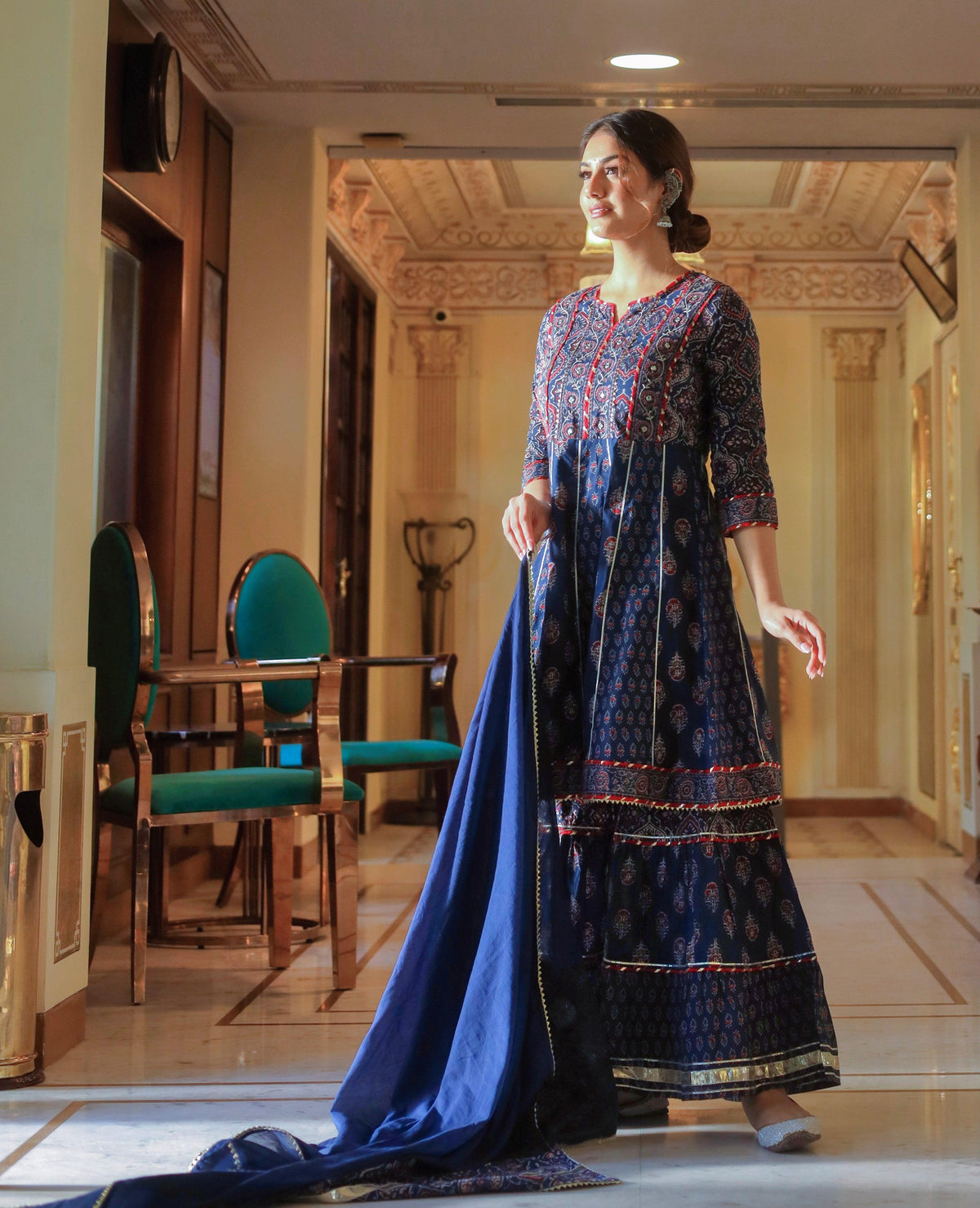Indigo Cotton Short kurti Sharara set with Dupatta - world.com