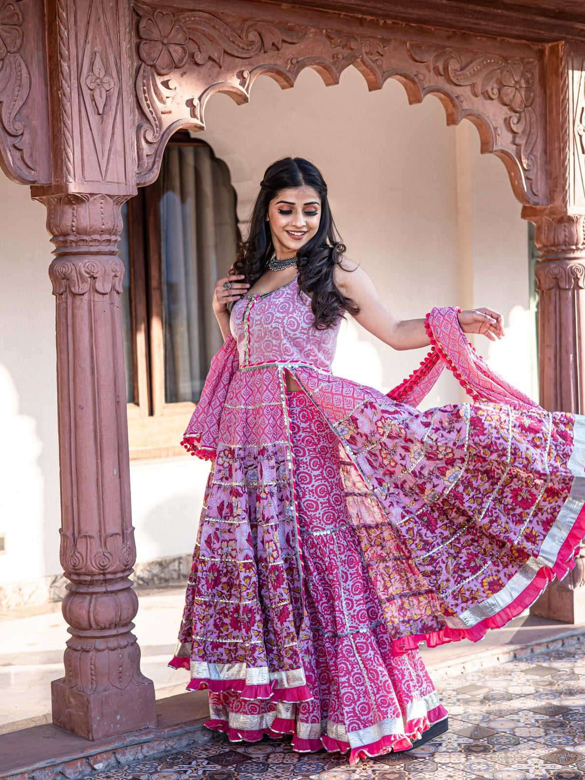 Pink Cotton Sleeves less Anarkali Sharara set with Dupatta - world.com